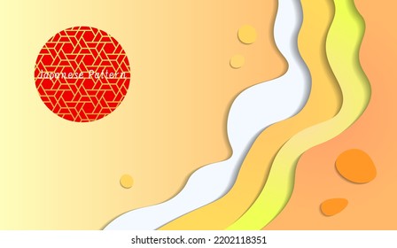 Japanese red gold pattern, New Year illustration, geometric icon, sunrise background