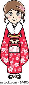 Japanese red kimono woman. Coming of age ceremony