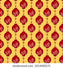 Japanese red lanterns and sakura seamless pattern a symbolic and iconic element in Japanese culture. The lanterns are arranged in a repeating geometric layout, creating a harmonious and balance