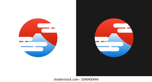 Japanese red logo with Fuji mountain and Japan sun - vector circle emblem - Japan abstract illustration isolated on white and black background