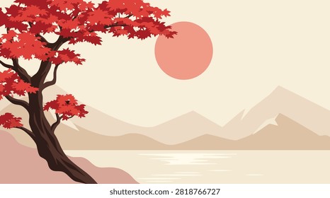 Japanese Red Maple Tree with Sun, Mountains and Lake — Flat Vector Minimalist Autumn Landscape Illustration