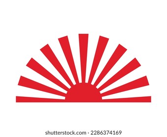 Japanese red rising sun symbol isolated on a white background, flat vector illustration, rays pictogram