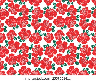 Japanese Red Rose Vector Seamless Pattern
