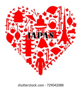 Japanese red symbols set in heart shape, Japan traditional food, travel icons vector illustration, landmark Kinkaku JI temple, Itsukushima Shrine, Tokyo tower, Confucius temple, Mountain Fuji, bamboo