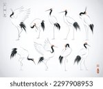Japanese red-crowned crane birds in oriental style on white background. Traditional Japanese ink wash painting sumi-e. Hieroglyphs - eternity, freedom, happiness, zen.