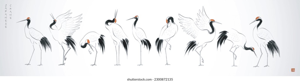 Japanese red-crowned crane birds in oriental style on white background. Translation of hieroglyph - well-being.