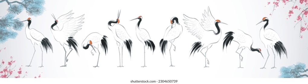 Japanese red-crowned crane birds in oriental style, sakura blossom and pine tree branches