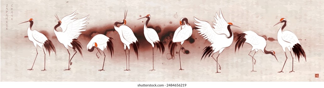 Japanese red-crowned crane birds in oriental style on vintage background. Translation of hieroglyph - well-being.