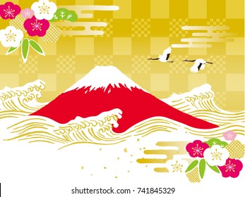Japanese red-crowned crane flying in the Mount Fuji and plum 