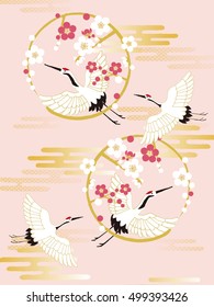 Japanese red-crowned crane flying  with plum blossom