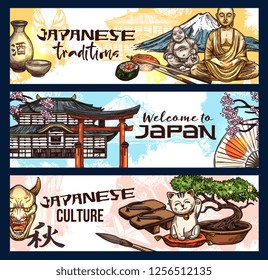 Japanese religion and culture symbols, welcome to travel, vector design. Sushi and roll, sake and Fuji, cat manekineko and torii gate, bonsai and pagoda temple, sakura branch and Buddha statue sketch