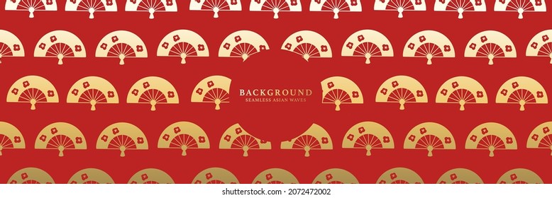 El fondo de textura del patrón de año nuevo chino repetido japonés. Fondo asiático de abanico de la mano dorada, abstracto e impecable, al estilo asiático oriental. Papel vectorial rojo geométrico impreso de patrones de fans japoneses.