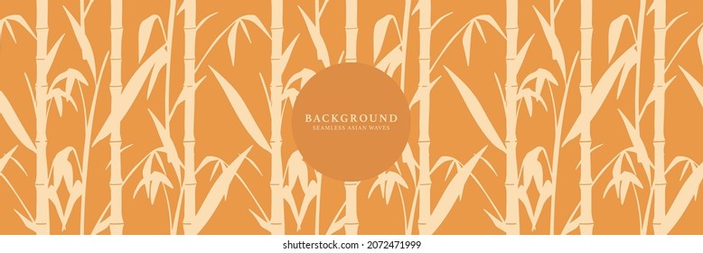 Japanese repeat natural pattern texture background with bamboo leaves. Seamless abstract hand drawn background in asian oriental style. Geometric orange beige vector pattern background bamboo print.