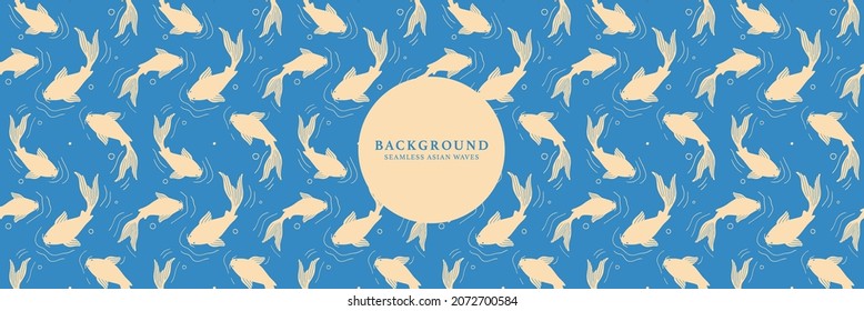 Japanese repeat natural pattern texture background with koi carp fish. Seamless abstract hand drawn background in asian oriental style. Blue color pond with vector koi fishes pattern background print.