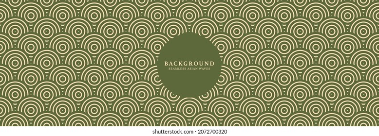 Japanese repeat ocean waves seigaiha pattern texture background. Seamless wavy circles pattern background in asian oriental style. Geometric green scale vector pattern background print.