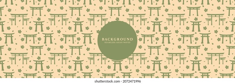 Japanese repeat torii gate pattern texture background. Seamless abstract traditional asian torii gate background in asian oriental style. Geometric green vector paper japanese gates pattern print.