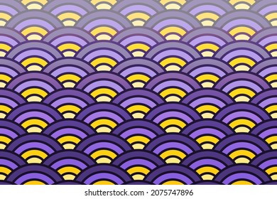 Japanese repetitive curvy waves. Seamless pattern in purple and yellow for trendy fabrics, modern paper products. Vector.