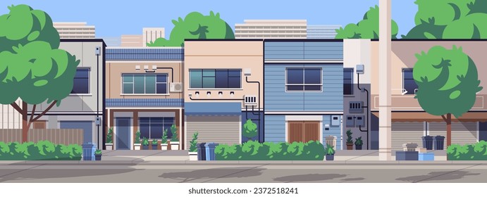 Japanese residential street. House facades with roller shutters. Asian street landscape view banner