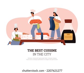 Japanese restaurant banner or signboard design with sushi chefs cooking Asian cuisine food, cartoon flat vector illustration. Japanese cuisine cafe or restaurant banner.