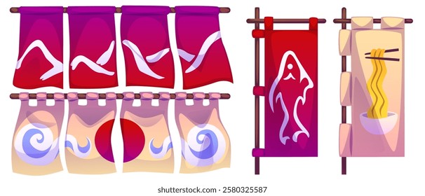 Japanese restaurant curtain banners with traditional sun and cloud, mountain patterns, ramen bowl and swimming koi fish designs. Noren fabric decoration on wooden rod for Asian cuisine entrance decor.