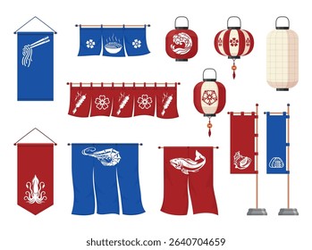 Japanese restaurant curtain flag lamp lantern banner set vector flat illustration. Asian traditional cafe cafeteria eatery red blue decorative element seafood food noodles flower fish sushi sea wave