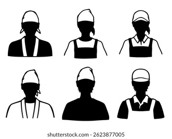 Japanese restaurant employee male and female monochrome illustration set -black