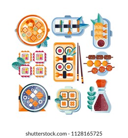 Japanese restaurant food with plate, chopsticks and spices set, Asian cuisine vector Illustration on a white background