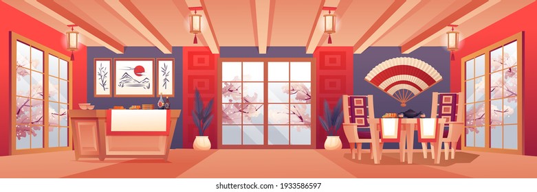 Japanese restaurant interior design background. Asian traditional cuisine with sushi and rice vector illustration. Modern room with table, counter, walls with paintings, windows, lanterns.