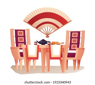 japanische Elemente der Innenausstattung des Restaurants. Traditionelle asiatische Küche mit Sushi und Tee-Vektorgrafik. Tisch mit Teekanne, Tassen, Essen, zwei Stühle, Ventilator einzeln auf weißem Hintergrund.