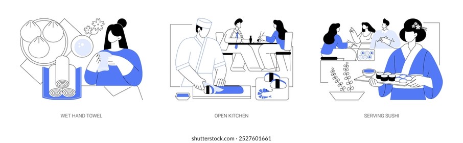 Japanese restaurant isolated cartoon vector illustrations set. Customer using a wet towel to wash hands, asian chef rolling sushi in front of customer, open kitchen, serving meal vector cartoon.