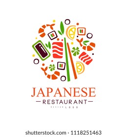 Japanese restaurant logo design, authentic traditional continental food label vector Illustration on a white background