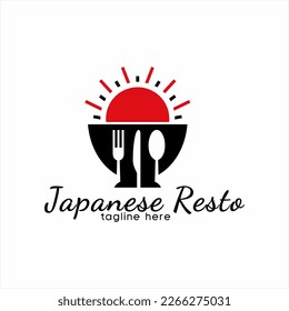 Japanese restaurant logo design. Restaurant logo with elements of bowl, spoon, fork and knife and sunrise illustration.