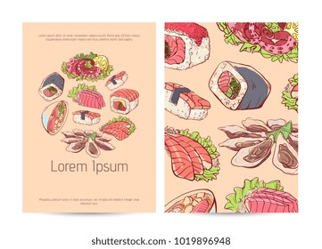 Japanese restaurant menu cover layout with famous asian dishes. Delicious octopus, oysters, tuna, nigiri, sushi roll with shrimps, sashimi with salmon and soup with seafoods vector illustration.