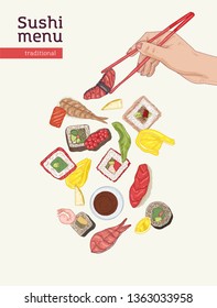 Japanese restaurant menu cover template with dining table and hands holding sushi, sashimi and rolls with chopsticks on white background. Realistic vector illustration for promotion, advertisement.