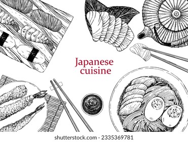 Japanese Restaurant Menu. Hand-drawn illustration of dishes and products. Ink. Vector