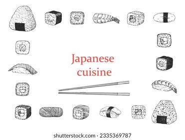 Japanese Restaurant Menu. Hand-drawn illustration of dishes and products. Ink. Vector