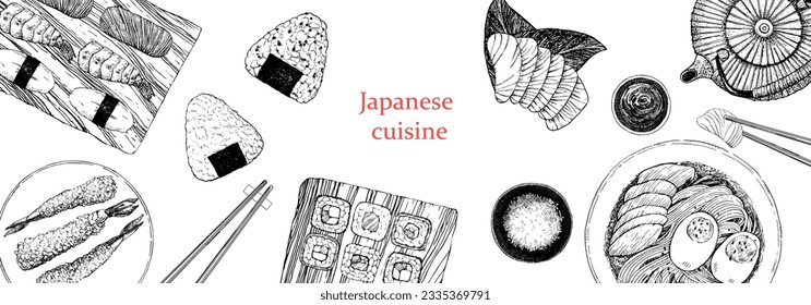 Japanese Restaurant Menu. Hand-drawn illustration of dishes and products. Ink. Vector