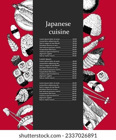 Menú japonés para el restaurante. Ilustración a mano de platos y productos. Tinta. Vector