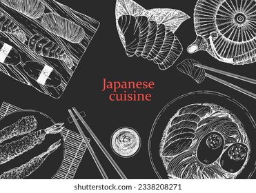 Japanese Restaurant Menu. Hand-drawn illustration of dishes and products. Ink. Vector