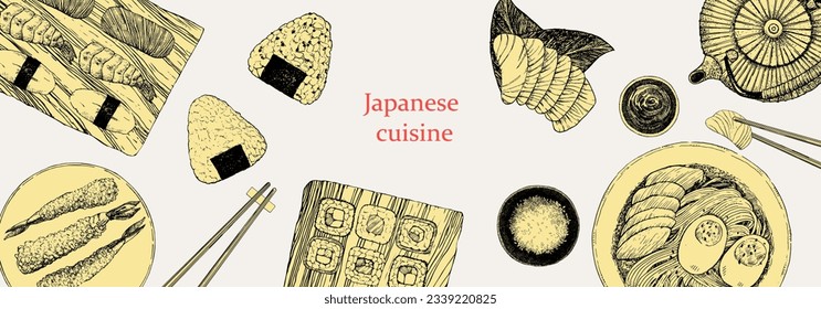 Japanese Restaurant Menu. Hand-drawn illustration of dishes and products. Ink. Vector