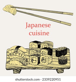 Japanese Restaurant Menu. Hand-drawn illustration of dishes and products. Ink. Vector