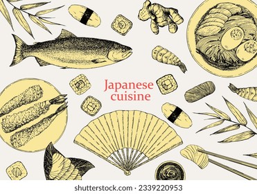 Japanese Restaurant Menu. Hand-drawn illustration of dishes and products. Ink. Vector