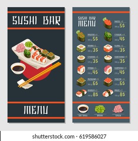 Japanese restaurant menu template with different kinds of sushi rolls bowl of soy sauce ginger wasabi vector illustration