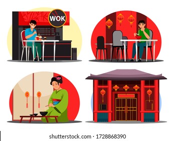 Japanese restaurant set. Character man eats noodles from box or cup, woman in kimono enjoys traditional Asian food. Interior design wok cafe, sushi bar. Japan kitchen or culture. Vector illustration