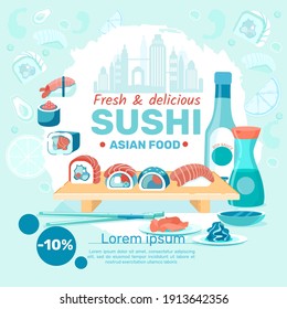 Japanese Restaurant Social Media Post Template. Sushi 10 Percent Off Discount Advertisement Banner Layout. Traditional Japan Food Ingredients Special Offers for Clients Cartoon Illustration