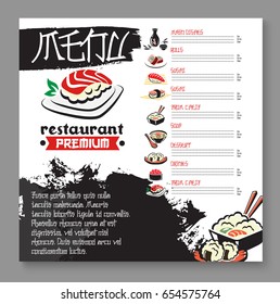 Japanese restaurant or sushi bar menu template. Vector premium design of main dishes and sushi rolls, Japanese seafood soups and tempura shrimps with steamed rice garnish, desserts and drinks