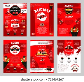 Japanese restaurant and sushi bar menu banner template. Sushi platter with salmon fish roll and seafood nigiri, tuna sashimi, soy sauce, chopsticks and noodle soup ramen for asian cuisine design