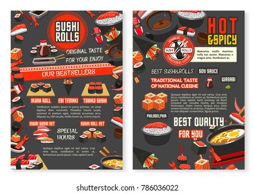 Japanese restaurant and sushi bar menu poster template. Sushi with salmon fish roll, seafood sashimi and chopsticks, tuna and shrimp with sticky rice, soy and wasabi sauce for asian cuisine design