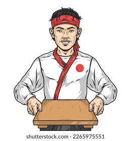 Japanese restaurant waiter colorful emblem with happy Asian man in traditional kimono demonstrating maki sushi tray vector illustration