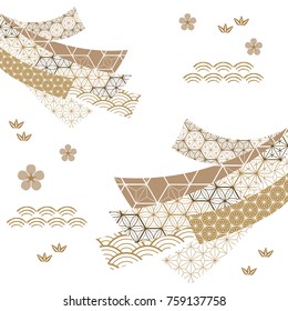 Japanese ribbon pattern vector. Gold geometric background with cherry blossom, bamboo, wave element in traditional of Japan for card, poster, template, cover page design in vintage style. svg